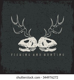 hunting and fishing vintage grunge emblem with skulls of animals