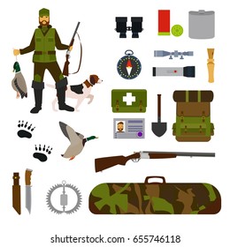 Hunting flat icon set isolated vector illustration Hunter, dog, duck