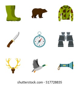 Hunting in forest icons set. Flat illustration of 9 hunting in forest vector icons for web