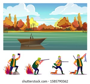 Hunting game flat vector illustration set. Hunter shooting rifle, running with dog, holding shot animal. Hobby, leisure, lifestyle concept