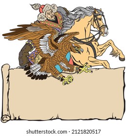 Hunting with a golden eagle on a horse. Kazakh nomad hunter sitting on pony horseback in the gallop. Traditional falconry in the Eurasian Steppe. Template with an ancient scroll