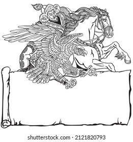 Hunting with a golden eagle on a horse. Kazakh nomad hunter sitting on pony horseback in the gallop. Traditional falconry in the Eurasian Steppe. Template with vertical ancient scroll. Black white