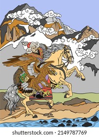 Hunting with a golden eagle on a horse. Kazakh nomad hunter sitting on pony horseback in the gallop. Traditional falconry in the Eurasian Steppe. Vector illustration