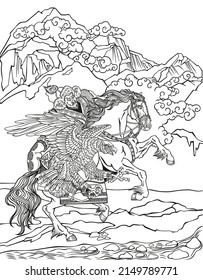 Hunting with a golden eagle on a horse. Kazakh nomad hunter sitting on pony horseback in the gallop. Traditional falconry in the Eurasian Steppe. Black and white vector illustration