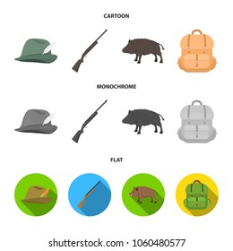 A hunting hat with a feather, a wild boar, a rifle, a backpack with things.Hunting set collection icons in cartoon,flat,monochrome style vector symbol stock illustration web.