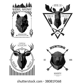 Hunting head labels. Origami animals in the center of logo. Hunting society label. Polygonal vector illustration