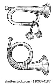 Hunting horn illustration, drawing, engraving, ink, line art, vector