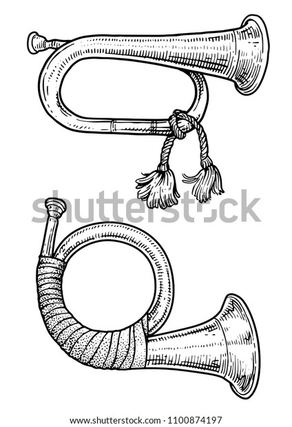 Hunting horn illustration, drawing, engraving,\
ink, line art, vector