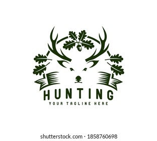 Hunting, hunt, deer with antler in oak foliage, logo design. Animal, wildlife, tree and leaves, vector design and illustration