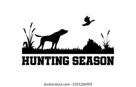 Hunting icon, hunt dog and duck silhouettes for open season and hunter club vector badge. Hunters club emblem for wild animals hunting season with dog on reeds field and duck for prey game