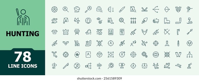 Hunting icon pack. Includes thin line man, fire, arrow, fish, hunting and more. Minimal and simple line vector. Editable stroke. Vector illustration.