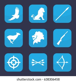 Hunting icon. set of 9 filled hunting icons such as lion, eagle, antelope, arrow bow, bow, spear, hundting gun