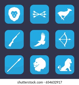 Hunting icon. set of 9 filled hunting icons such as lion, eagle, antelope, arrow bow, bow, spear
