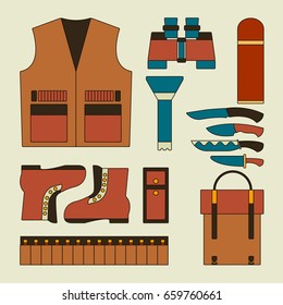 Hunting icon set Vector illustration Still life with hunting equipment with different icons in thin line Modern hunting gear for wild animals
