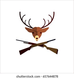 The hunting icon Vector illustration Deer head and two hunting rifles on a white background Cartoon style