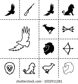 Hunting icons. set of 13 editable filled and outline hunting icons such as lion, eagle, arrow bow, bow, antelope