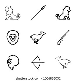 Hunting icons. set of 9 editable outline hunting icons such as lion, antelope, bow, spear