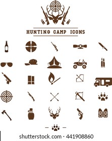Hunting icons set. Set of vector hunting camping sport elements. 