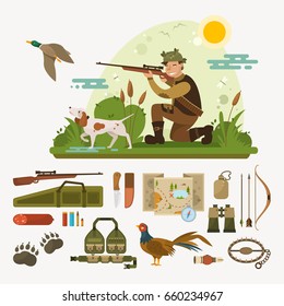 Los iconos de caza establecen la ilustración vectorial. Mapa, brújula, trampa, arco, binoculares, municiones, faisán, etc. Paisaje plano. Escena en el bosque: cazador camuflado con perro encuentra pato y lo dispara con escopeta