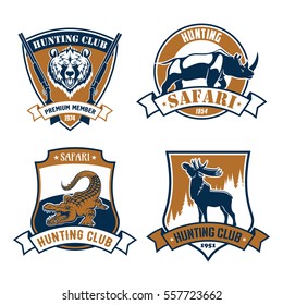 Hunting icons and vector hunt emblems of wild African safari animals rhino and hippo, alligator or cayman crocodile, elk, deer with antlers and grizzly bear. Vector signs for hunter adventure