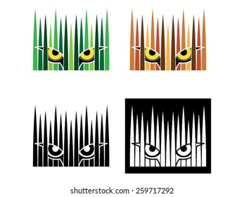 Hunting illustration, a drawing representing a creature with its eyes lurking behind the grass. Usable as logo template and avaliable in two colorful styles and black and white.