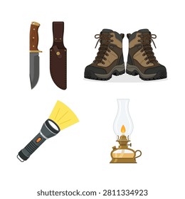 Hunting knife hiking boots flashlight and oil lantern illustration vector set for outdoor camping adventure.