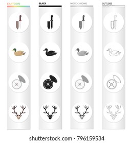 Hunting knife, manocle duck, compass, deer horns. Hunting set collection icons in cartoon black monochrome outline style vector symbol stock illustration web.
