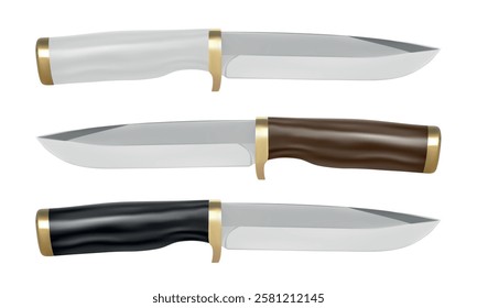 Hunting knife in vector on a white background.A knife with a guard in the vector.The knife is made of hardened steel.Knife vector.