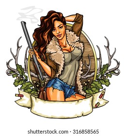 Hunting label with pretty woman holding shot gun, isolated on white