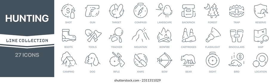 Cazando colección de iconos con signo lineal. Colección de iconos de línea delgada firmada. Juego de iconos simples de esquema de búsqueda