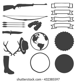Hunting logo creator, hunting logo maker. Different hunting objects + logo templates (ribbons, badges, map of Earth