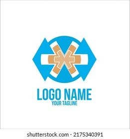 Hunting logo with left and right arrows with x symbol in the middle of blue logo.