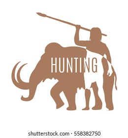 Hunting logo template. Ancient man hunting mammoth with spear, isolated vector.