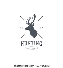 Hunting Logo Template. Deer Head and Horns Silhouette Isolated On White Background. Vector object for Labels, Badges, Logos and other Design. 