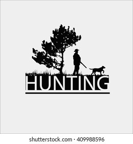 Hunting Logo Template. Silhouette of a hunter near a tree on a white background.