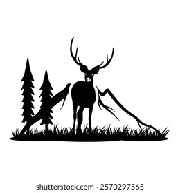 Hunting Majestic Stag with Antlers Standing Tall in a Grassy Field, Mountain Range, and a Cluster of Pine Trees