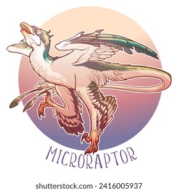 Hunting Microraptor. Small dinosaur running for its prey. Paleoart. Line drawing colored and isolated on a white background. Sticker. Not AI. EPS10 Vector illustration