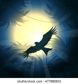 Hunting nighthawk flies against full moon above rain forest. Vector illustration.