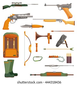 Hunting object of set. Cartoon collection shotgun and ammunition, vector illustration