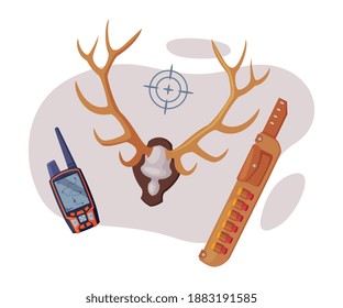 Hunting Objects Set, Deer Skull, Walkie Talkie, Bandolier Flat Vector Illustration