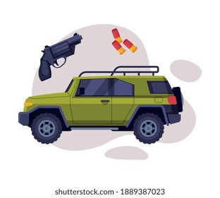 Juego de Objetos de Caza, Coche de Cazador, Pistola, Ilustración de Vector Plano de Balas