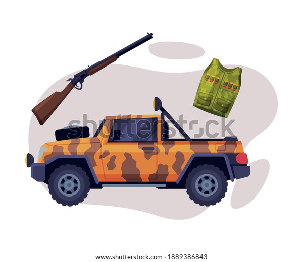 Hunting Objects Set, Hunter  Car, Shotgun,\
Hunter Vest Flat Vector\
Illustration