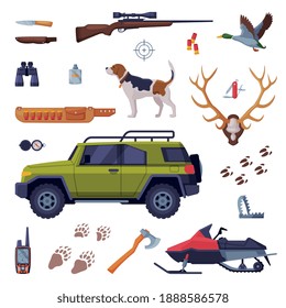Hunting Objects Set, Hunter Tackles and Equipment Flat Vector Illustration