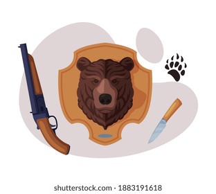 Juego de objetos de caza, escopeta, Cuchilla de caza, Cabeza de oso relleno, Huella de pata animal, Ilustración vectorial plana