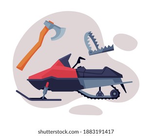 Hunting Objects Set, Snowmobile, Axe, Trap for Animal Flat Vector Illustration