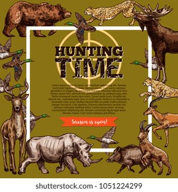 Hunting open season or hunter club poster of wild animals. Vector design of wild animals grizzly bear and forest elk or deer and duck bird, African safari hunting for rhinoceros, cheetah