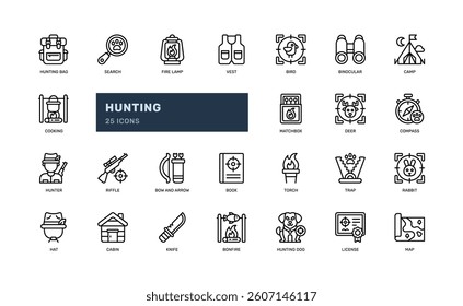 hunting outdoor adventure with various animal target and equipment detailed outline line icon set
