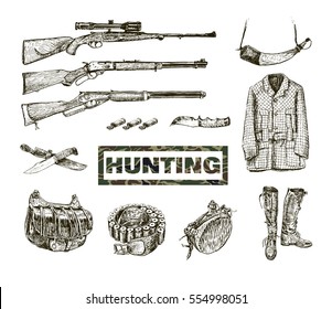 Hunting and outdoor traditional equipment. Set of accessories for hunting. Vector Design Elements Vintage Style. Hand drawn doodle hunting collection. Engraving Hunter Sketch
