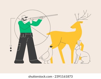 Las regulaciones de caza abstraen el concepto de ilustración vectorial. Reglas y regulaciones, restricción del uso de armas, ley de caza, licencia y tarifas, límite de tiro estacional, especies de juegos lista metáfora abstracta.