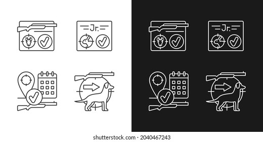 Hunting regulations linear icons set for dark and light mode. Hunt season. Pursue and capture game with dog. Customizable thin line symbols. Isolated vector outline illustrations. Editable stroke